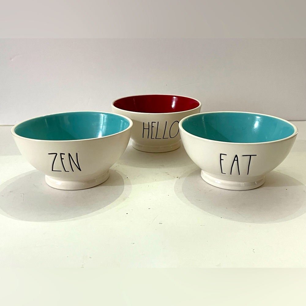Rae Dunn Cereal/Soup Bowls each w/ different word inscribed ZEN", "HELLO" EAT".